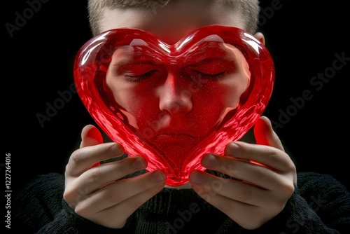 Sign of love and affection. Youth valentine's day greeting card: youth boy with discontented face holds red heart in hands. Commercial digital ads visual idea. Romantic gift ideas. photo