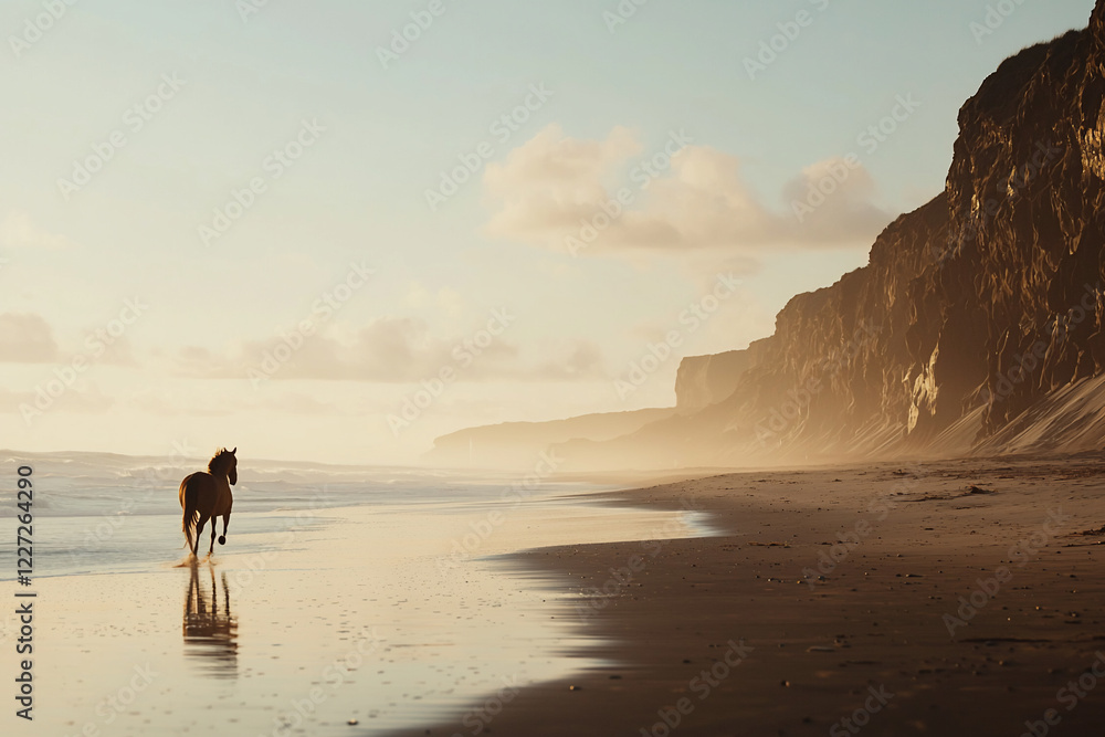 Horse running along a tranquil beach at sunset, with cliffs in the background and gentle waves Horse running along a tranquil beach at sunset, with cliffs in the background and gentle waves