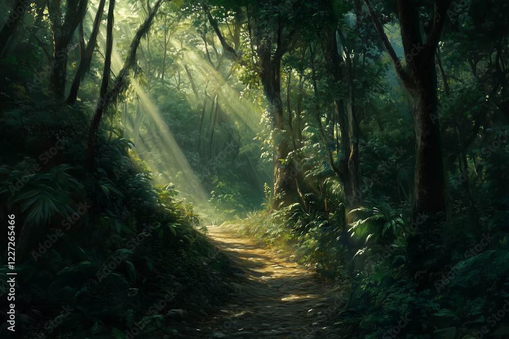 Obraz premium Woodland Climb: A Narrow Trail Leading Up Through Dense Forest Foliage
