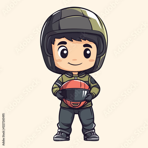 Cute little racer boy holding helmet vector illustration 