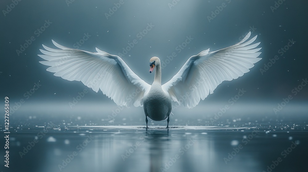 Obraz premium Majestic swan with wings outstretched on misty water.