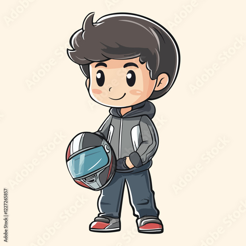 Cute little racer boy holding helmet vector illustration 