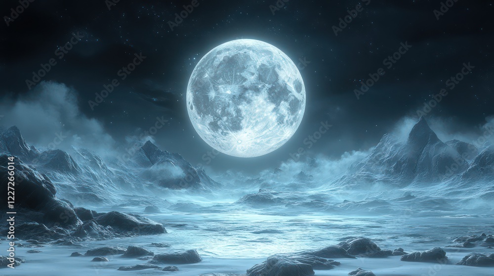 Fototapeta premium Enchanted Lunar Landscape: A Serene Night in a Frozen Wilderness