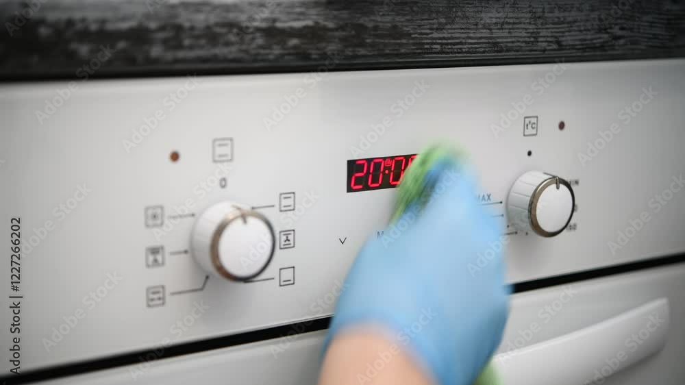 A man wipes the glass control panel of an oven in the kitchen. A man wipes the glass control panel of an oven in the kitchen.