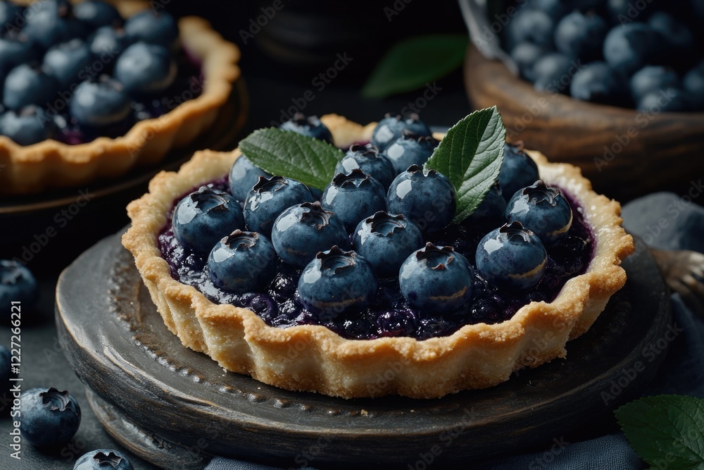 A blueberry pie with a leaf on top. The pie is on a wooden table. The pie is surrounded by blueberries A blueberry pie with a leaf on top. The pie is on a wooden table. The pie is surrounded by blueberries