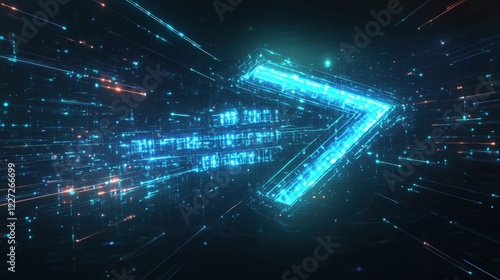 An abstract representation features a glowing futuristic arrow, surrounded by dynamic particles and light trails in a dark backdrop. The design evokes a sense of speed and advanced technology