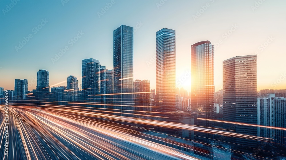 Fototapeta premium Sunset cityscape with skyscrapers and light trails in modern urban setting