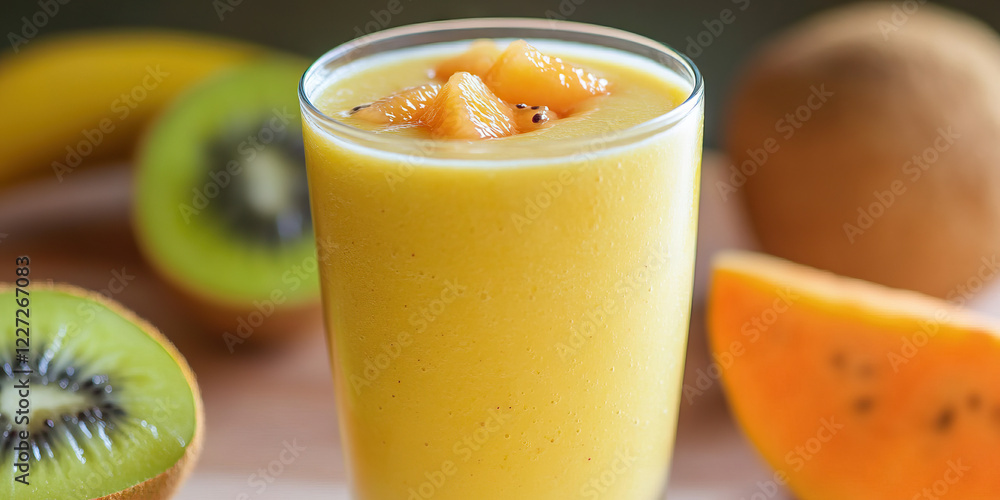 Yellow Fruit Smoothie with Kiwi and Papaya Garnish
