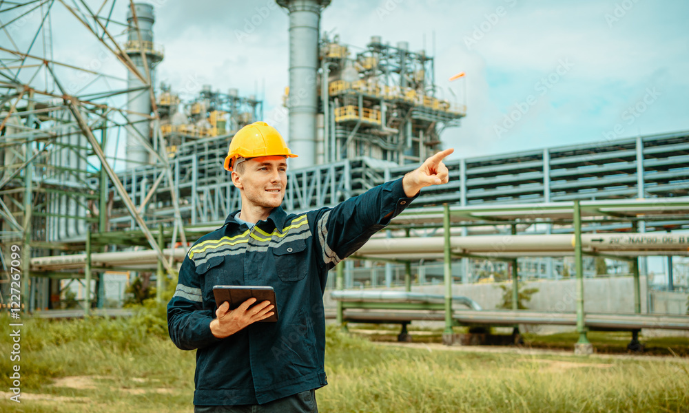 Engineer conducts inspection at industrial site while pointing out equipment in the background during a clear day Engineer conducts inspection at industrial site while pointing out equipment in the background during a clear day