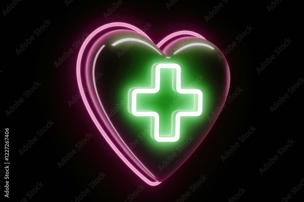 Fototapeta premium Neon heart with a glowing green cross, symbolizing healthcare and love.