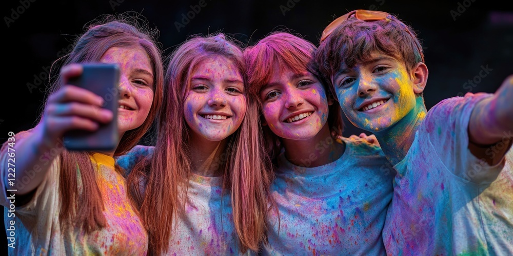Obraz premium A group of four young people are posing for a picture with a cell phone. They are all wearing colorful clothes and have paint on their faces. Scene is fun and lighthearted