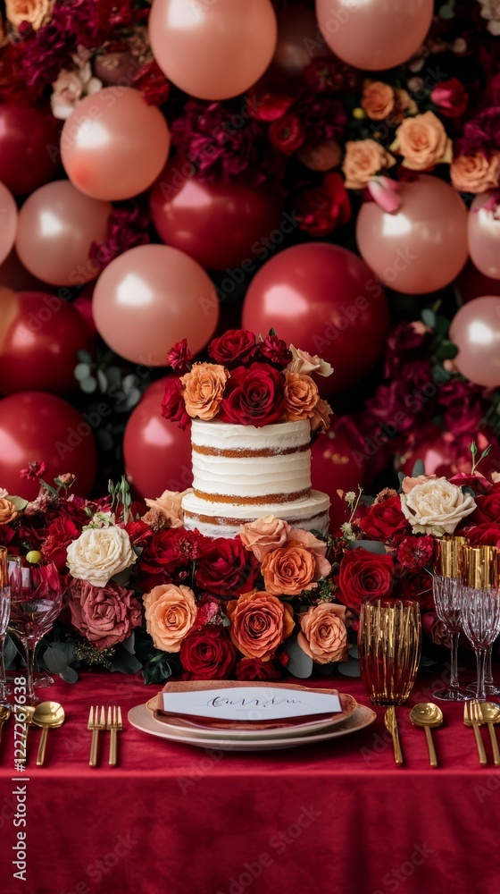 Naklejka premium Elegant Valentine's Day Celebration with Roses and Cake Table Setup