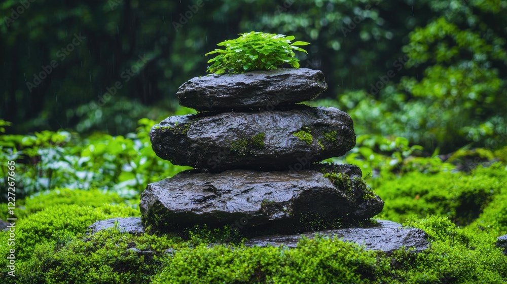 Rain-soaked rocks, plants, forest, zen garden, nature scene Rain-soaked rocks, plants, forest, zen garden, nature scene