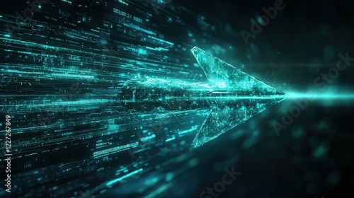 In a digital realm filled with lines of code and glowing particles, a futuristic arrow propels forward, symbolizing progress and technological advancement within a captivating abstract environment