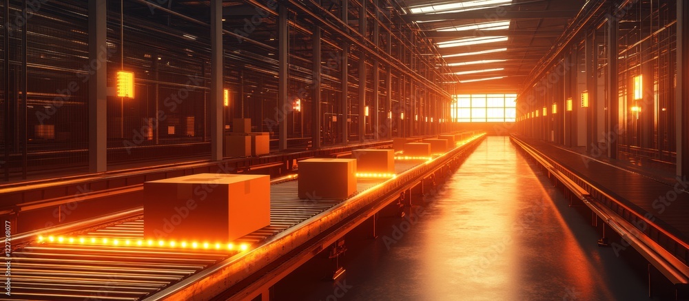 Automated Warehouse Conveyor System with Cardboard Boxes in Modern Industrial Facility at Sunset Automated Warehouse Conveyor System with Cardboard Boxes in Modern Industrial Facility at Sunset