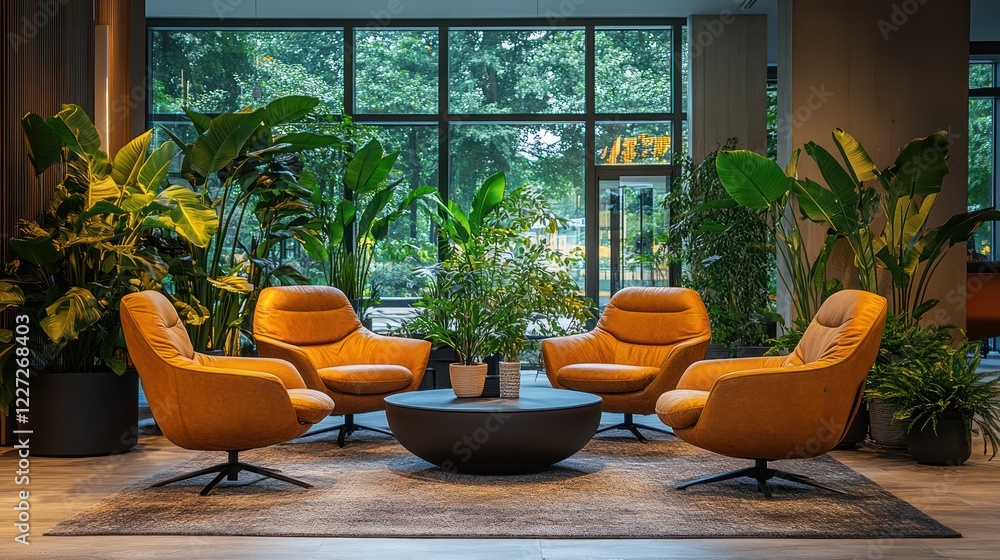 Luxurious Lounge Area with Tropical Plants and Modern Armchairs Luxurious Lounge Area with Tropical Plants and Modern Armchairs