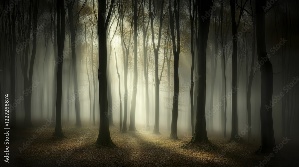 Fototapeta premium Tranquil forest bathed in soft sunlight, earthy tones blending harmoniously, evoking peace and natural serenity.