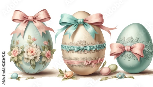 a lovely frame of pastel Easter eggs surrounded by spring flowers. photo