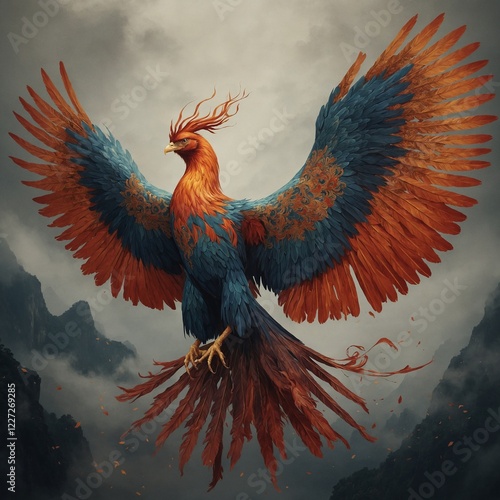 A phoenix inspired by ancient Chinese silk paintings, depicted in a refined, elegant pose.