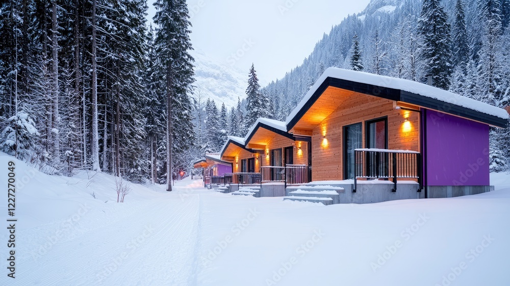 Cozy winter cabins nestled in snowy mountain forest. Ideal for travel brochures Cozy winter cabins nestled in snowy mountain forest. Ideal for travel brochures