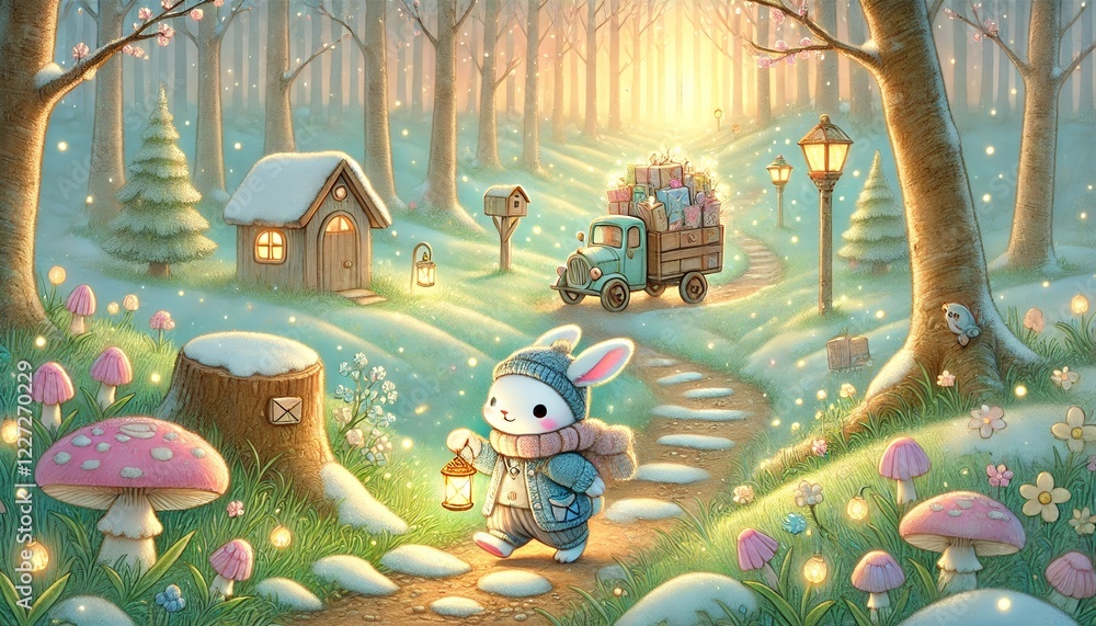 Obraz premium A Whimsical and Heartwarming Storybook-Style Illustration of a Rabbit Mail Carrier in a Sunlit Spring Forest, Surrounded by Melting Snow and Magical Parcels.