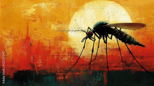 Silhouette of a mosquito against the setting sun, depicted with bold brushstrokes and warm colors, creating a dramatic and artistic representation of nature photo