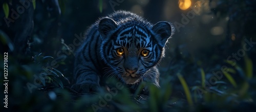 A young tiger cub with glowing eyes peering from the shadows of a dark forest.