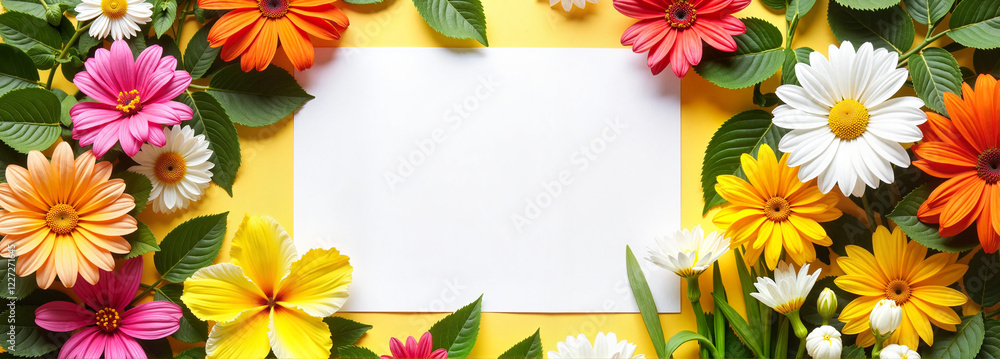 Obraz premium A4 paper mockup with floral arrangement on yellow background