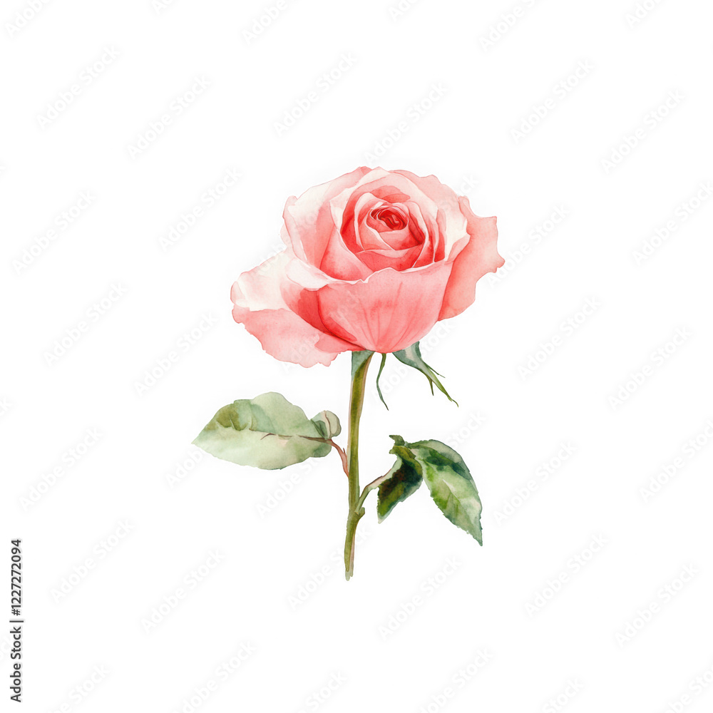 beautiful pink rose with delicate petals and green leaves, symbolizing love and elegance. This watercolor illustration captures essence of nature beauty beautiful pink rose with delicate petals and green leaves, symbolizing love and elegance. This watercolor illustration captures essence of nature beauty