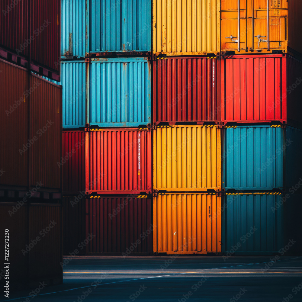Fototapeta premium Colorful shipping containers stacked at port create vibrant urban scene, showcasing mix of red, blue, and orange hues. arrangement highlights industrial design and logistics