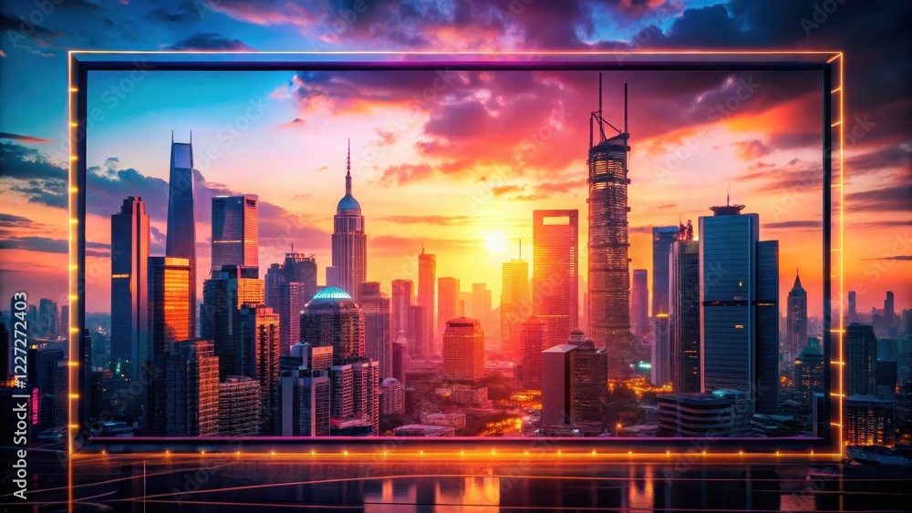 Fototapeta premium Film Frame with a Transparent Background, showing a futuristic cityscape at sunset, neon, urban, neon, urban