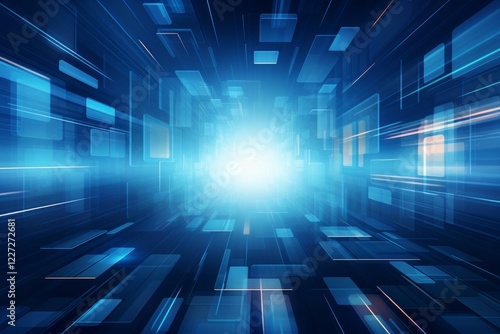 Abstract blue futuristic technology background with flying rectangles and light