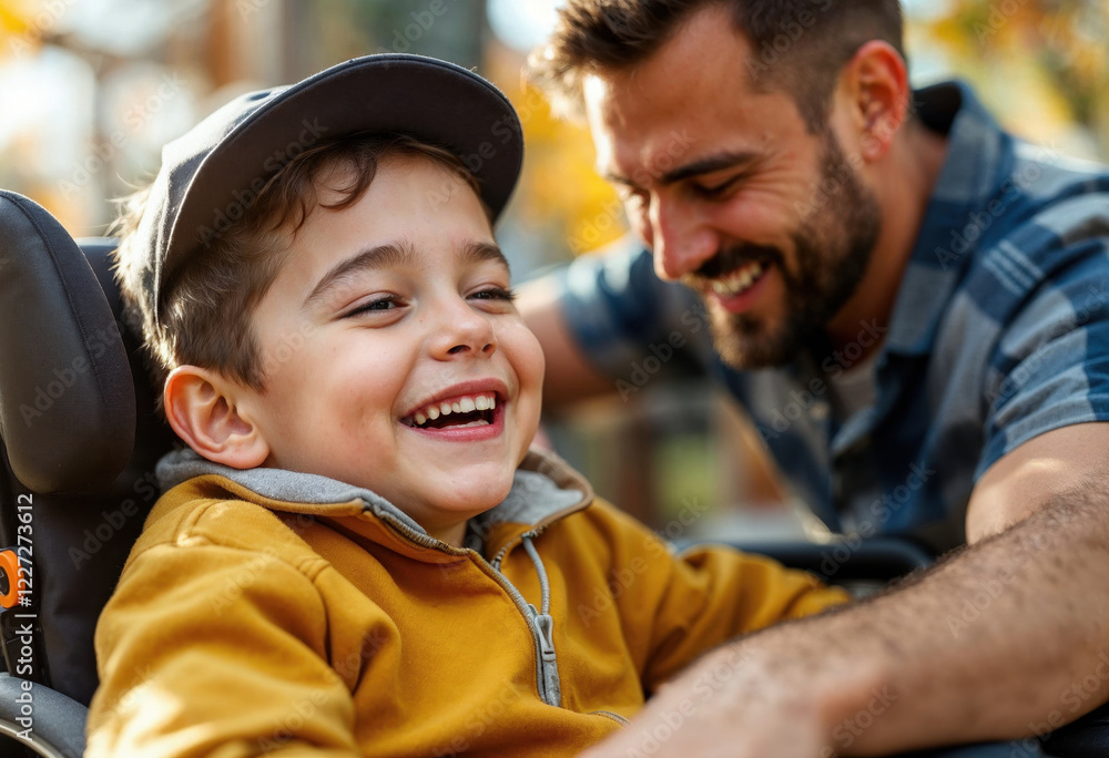 Joyful moments between a father and son enjoying a sunny day outdoors, as they share laughter and connection while playing together in a park surrounded by autumn foliage Joyful moments between a father and son enjoying a sunny day outdoors, as they share laughter and connection while playing together in a park surrounded by autumn foliage