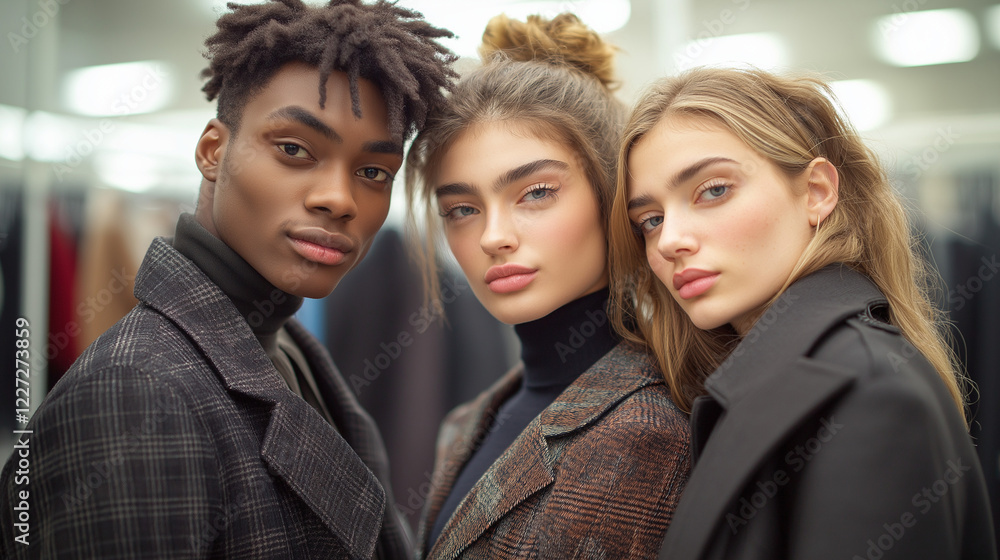 A group of three fashion models, one man and two women, wearing high-end designer outfits, standing in a backstage dressing room with blurred mirrors and clothing racks in the background A group of three fashion models, one man and two women, wearing high-end designer outfits, standing in a backstage dressing room with blurred mirrors and clothing racks in the background