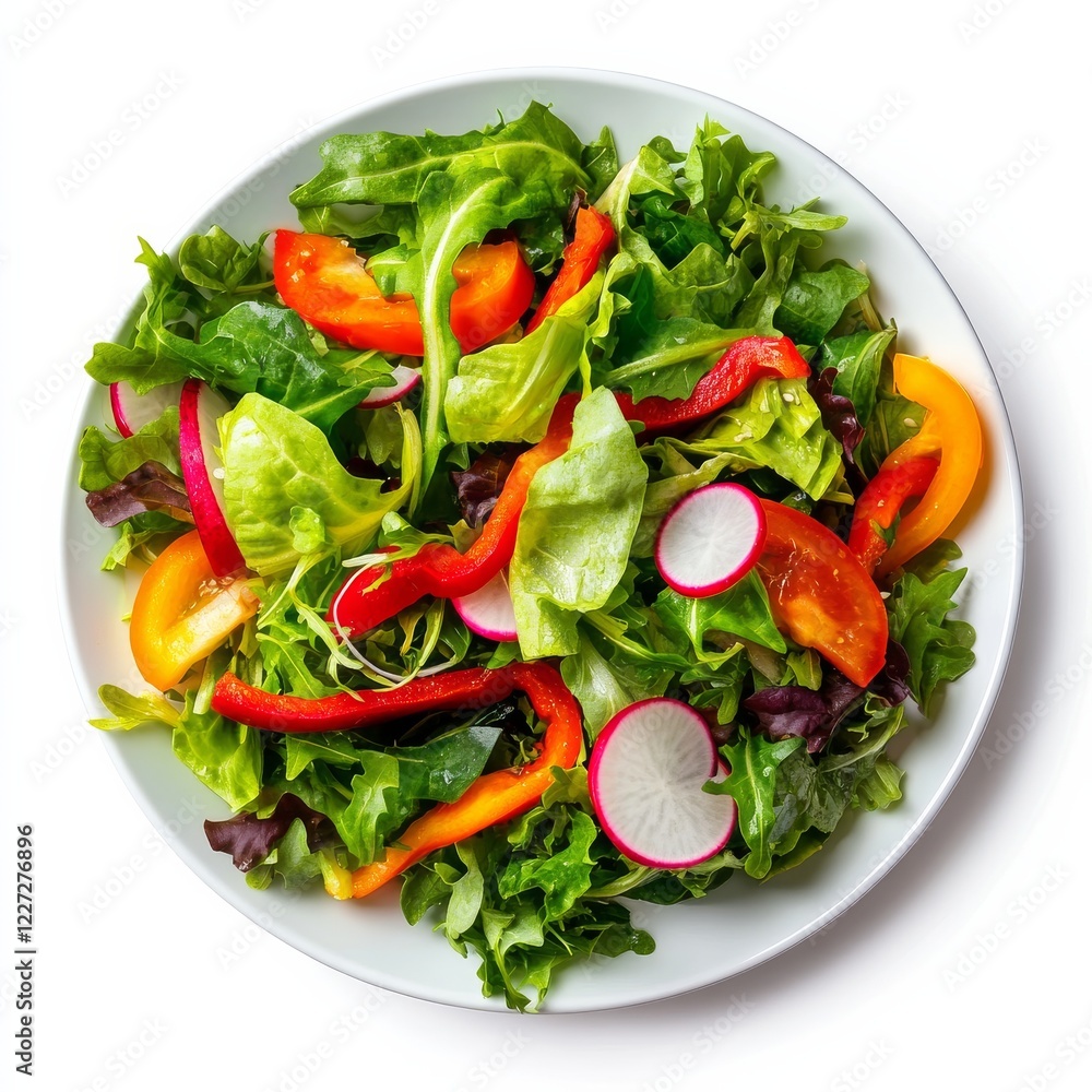 A fresh garden salad with mixed greens, sliced bell peppers, and radish A fresh garden salad with mixed greens, sliced bell peppers, and radish