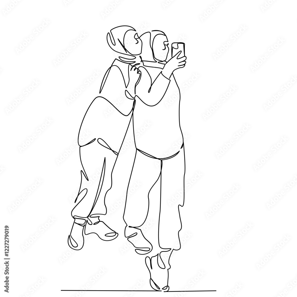 Fototapeta premium One continuous single drawing line art flat doodle islam, unity, young women, communication, photo, wireless technologies. Isolated image hand draw contour on a white background, hand drawn, not AI