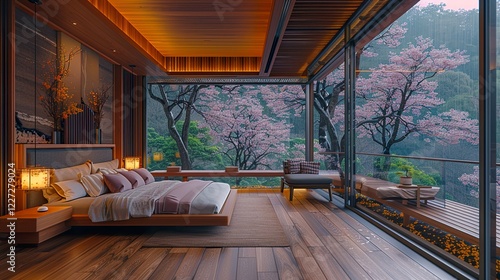 Wallpaper Mural A cozy bedroom with wood floors and large windows overlooking Japanese forest, cherry blossoms in the trees, rain outside, night time, warm interior lighting.  Torontodigital.ca