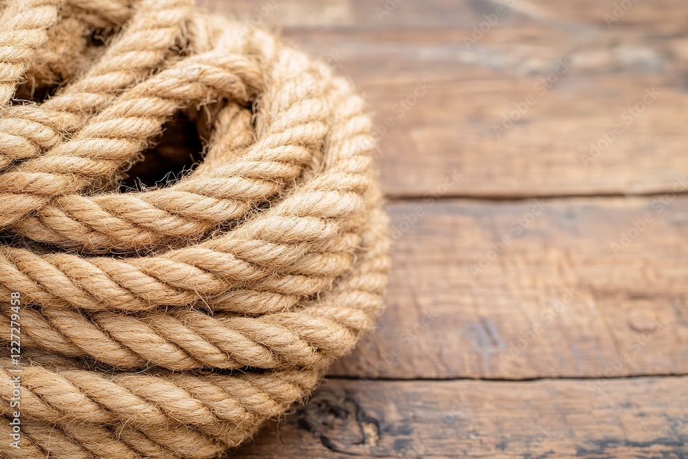 Obraz premium Coiled rope on rustic wooden table surface