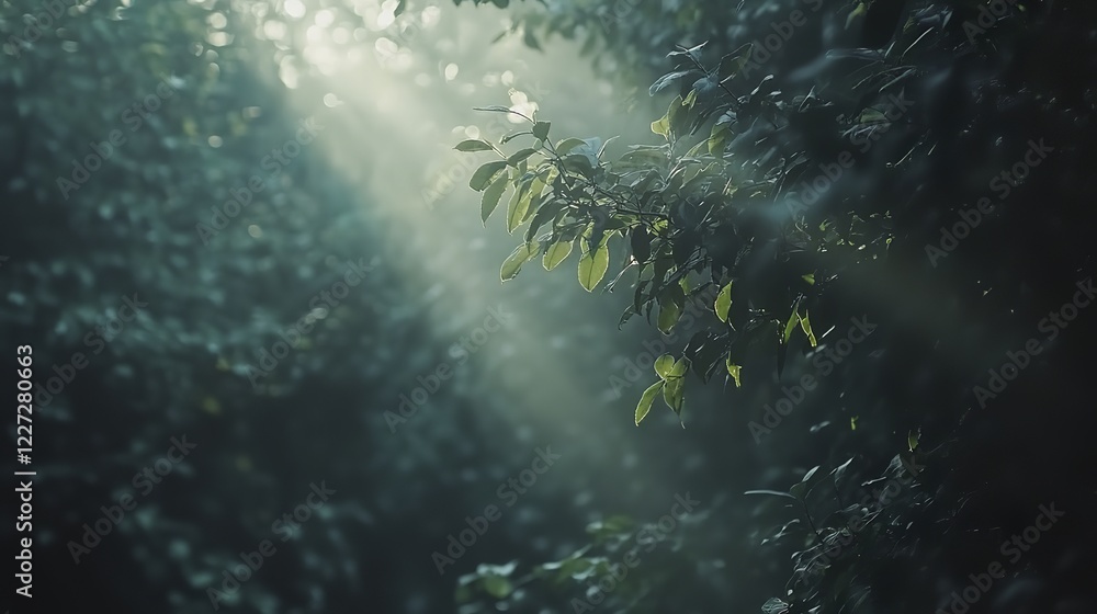 Fototapeta premium Tranquil forest bathed in soft sunlight, earthy tones blending harmoniously, evoking peace and natural serenity.