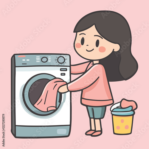 Girl Washing Clothes with Washing Machine vector illustration