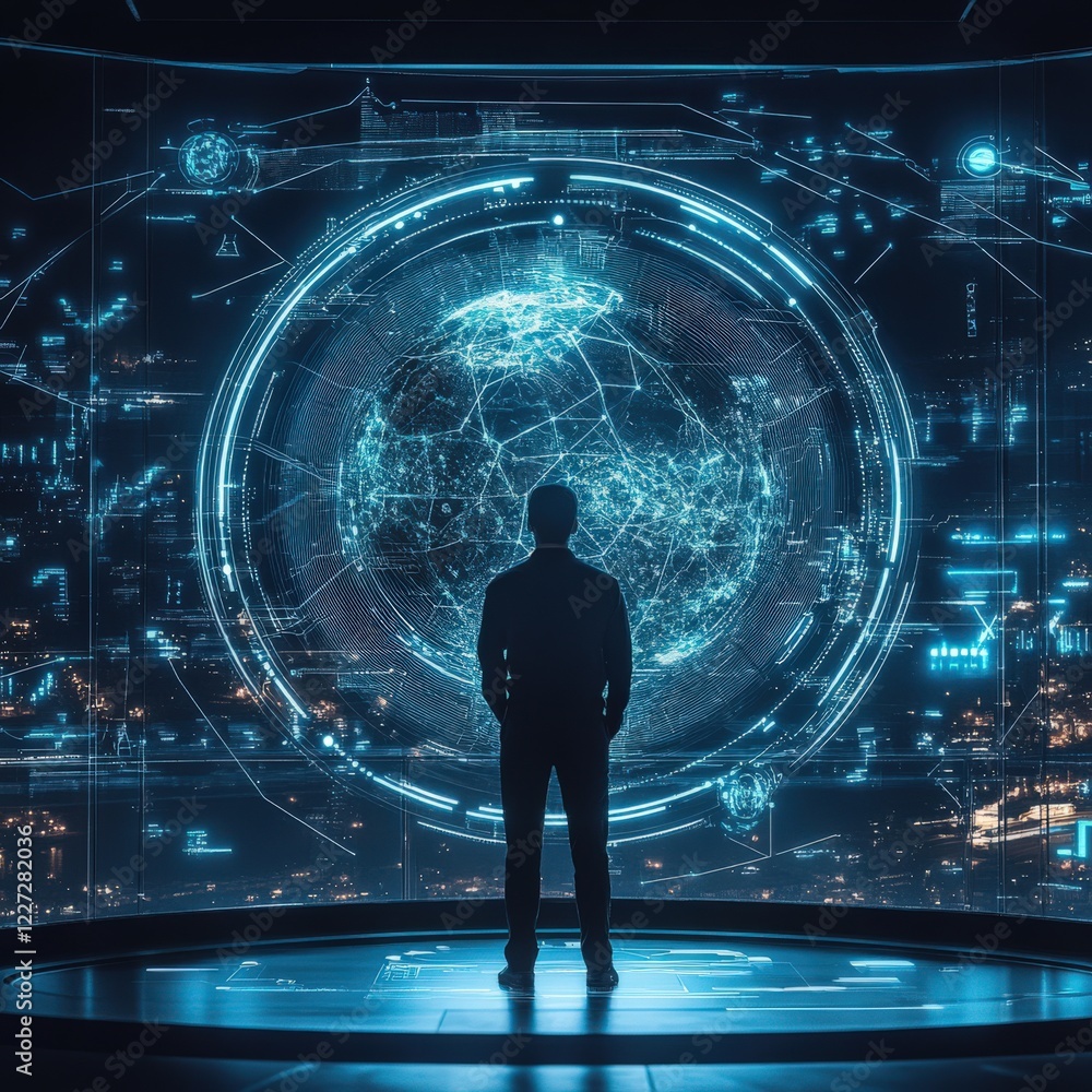 Fototapeta premium A man stands in front of a large screen that displays a globe
