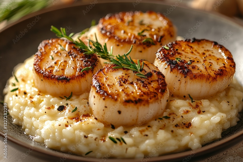 Seared scallops on creamy risotto, herbs garnish Seared scallops on creamy risotto, herbs garnish