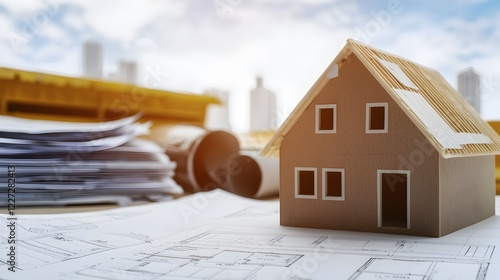 Dream Home Design: A miniature house model sits atop blueprints, visualizing future construction and architectural planning. photo