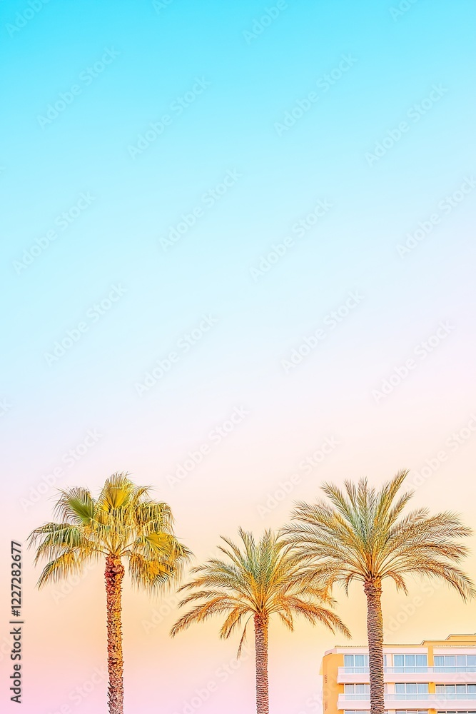 Tropical palm trees against vibrant sunset sky and minimalist architecture Tropical palm trees against vibrant sunset sky and minimalist architecture