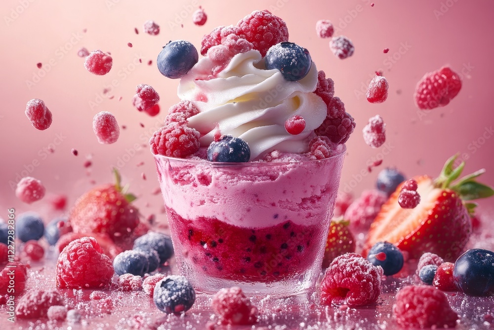Frozen Berry Dessert, Pink Background Frozen Berry Dessert, Pink Background