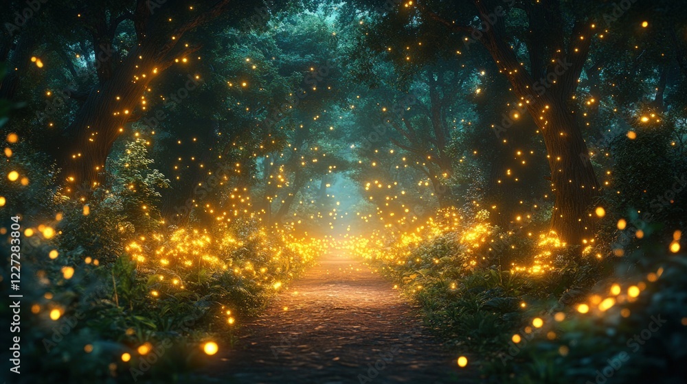 Naklejka premium Enchanting Forest Path Illuminated by Glowing Fireflies at Twilight in a Mystical Atmosphere