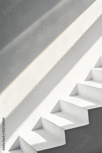 Abstract shadows on a minimalist white staircase with geometric design