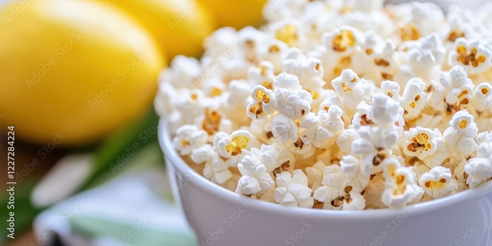 Bowl of popcorn with lemons in the background. Bowl of popcorn with lemons in the background.