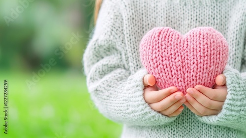 Child holding knitted heart, outdoor, green background, love concept, Valentine's Day