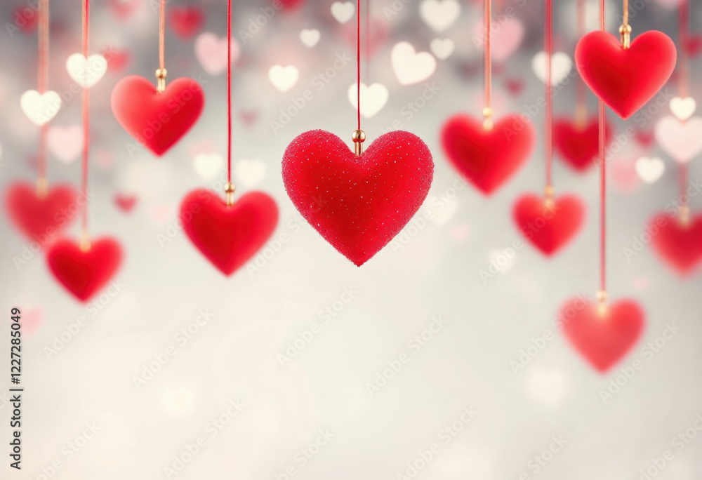 Hanging red hearts create a romantic atmosphere for celebrations, love-themed events, and special occasions during festive seasons Hanging red hearts create a romantic atmosphere for celebrations, love-themed events, and special occasions during festive seasons